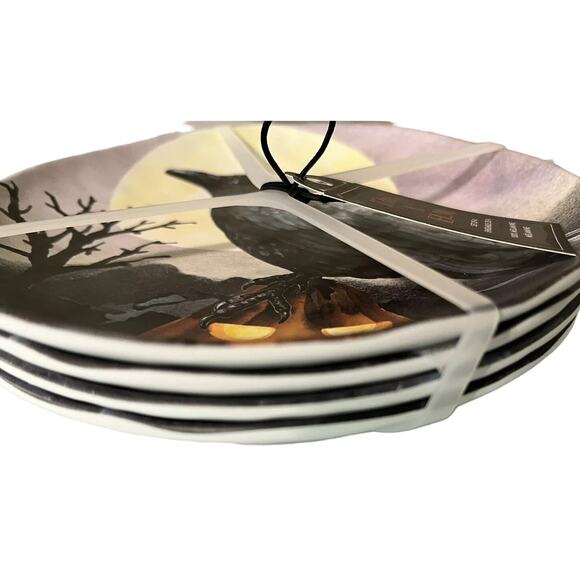 13th & Elm Halloween Melamine Appetizer Plates 6.5in Raven Skeleton Set of 4 NEW - Picture 3 of 6